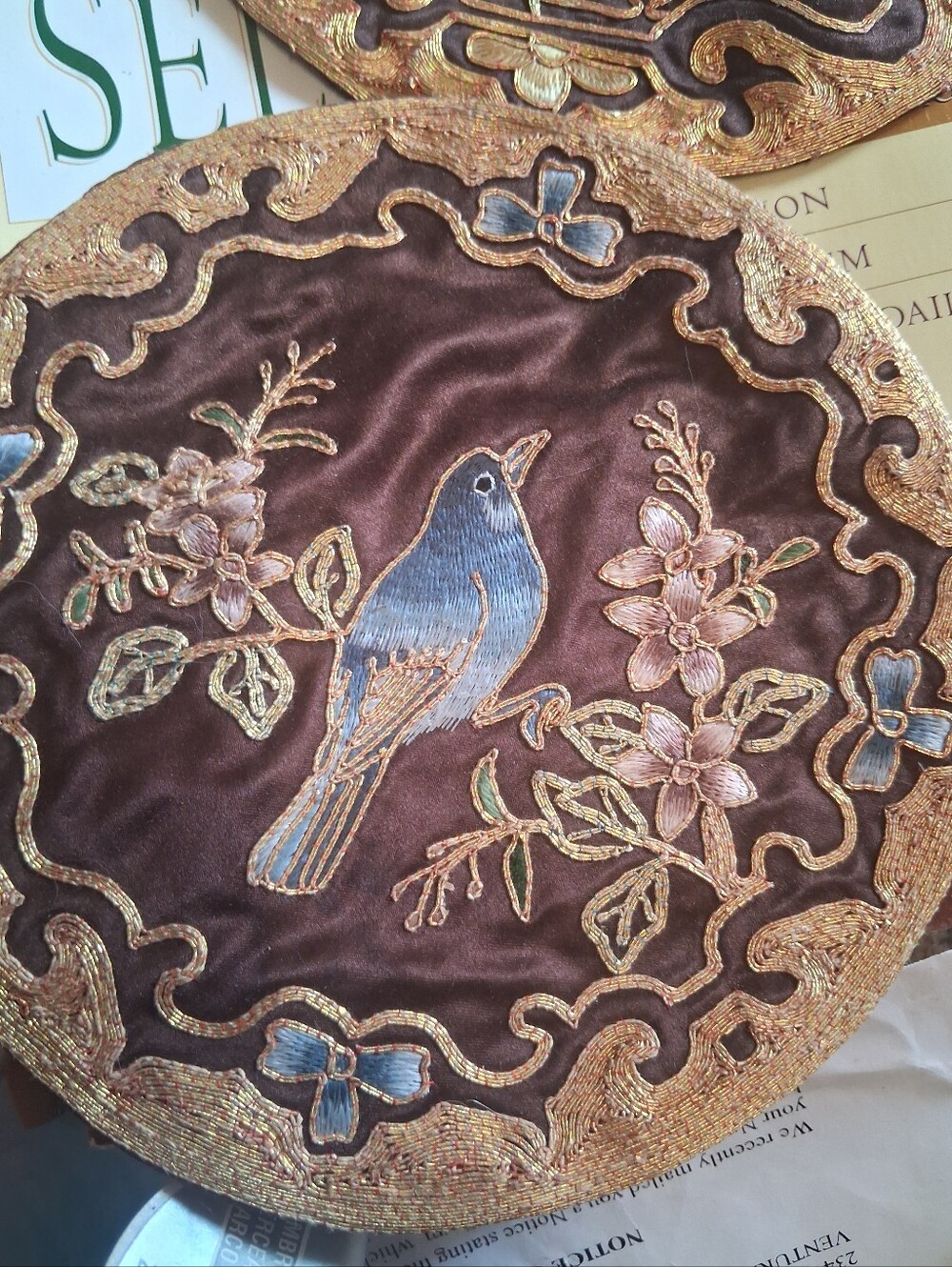 Embroidered Blue Bird Decorative Wall Accent - Neutral Brown and Blue